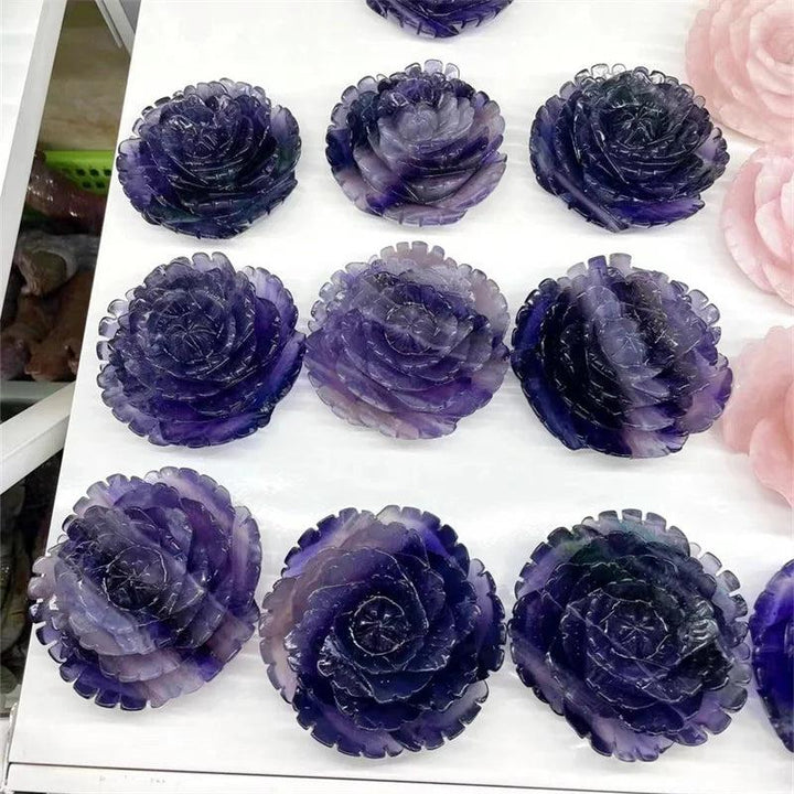 Stunning Fluorite Crystal Carved Peony Flower, 100MM, with natural purple and green banding for peace and clarity.