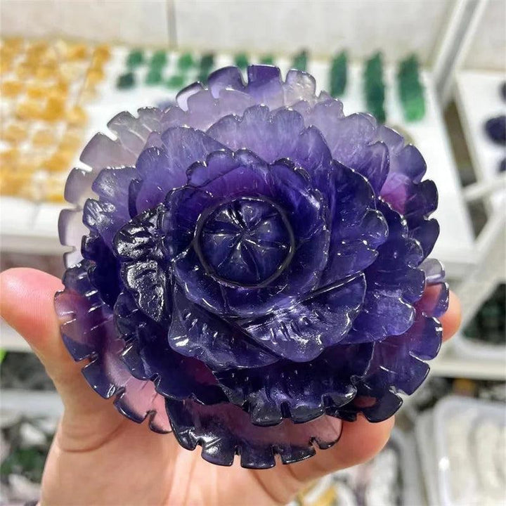 Fluorite Crystal Carved Peony Flower, 100MM, with natural purple and green banding for peace and clarity.