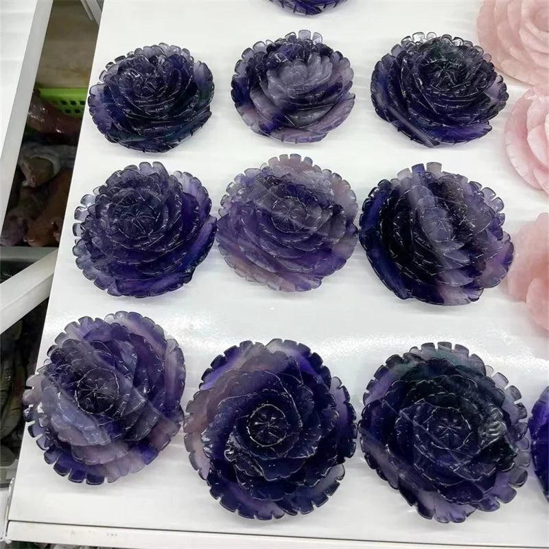 Fluorite Crystal Carved Peony Flower: Hand-polished purple and green fluorite peonies, 100MM, for peace and focus.