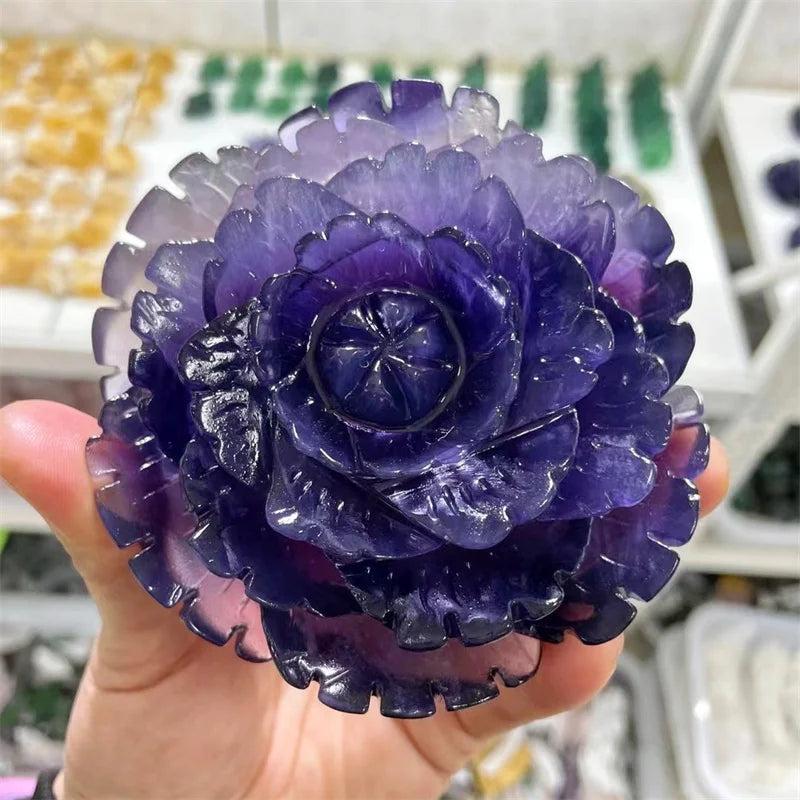 Stunning Fluorite Crystal Carved Peony Flower, 100MM, with natural purple and green banding for peace and clarity.