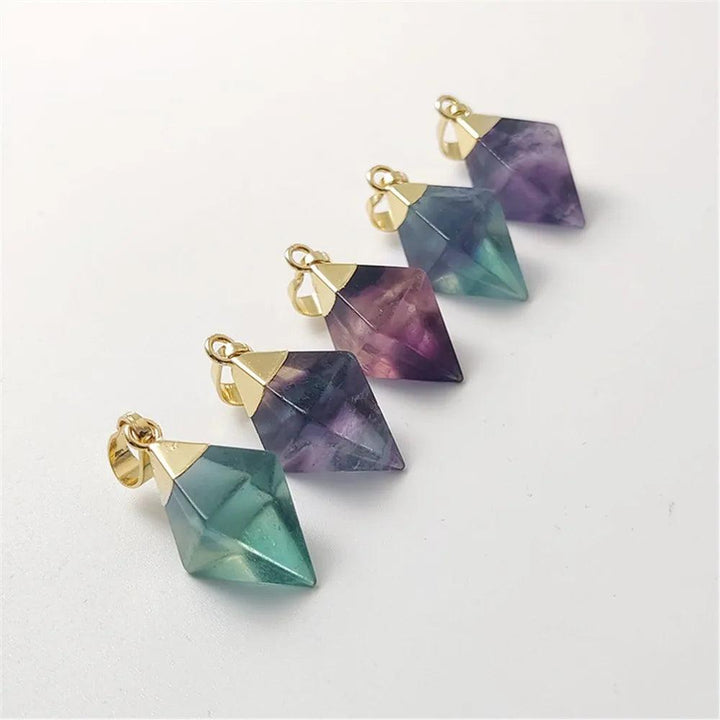 Fluorite crystal rhombus drop pendants in gold-plated settings, featuring violet, teal, and green hues for mental clarity.