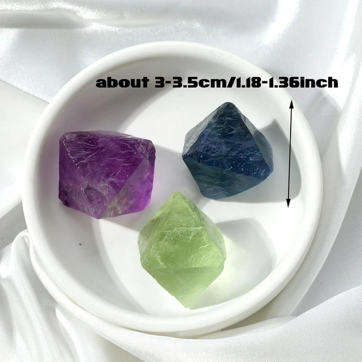 Raw Fluorite Crystal Octahedron: deep violet, seafoam green, and cool blue natural stone blocks, 3-3.5cm.
