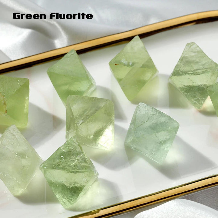 Raw Green Fluorite Crystal Octahedron stones, natural irregular ore chunks for healing and focus.