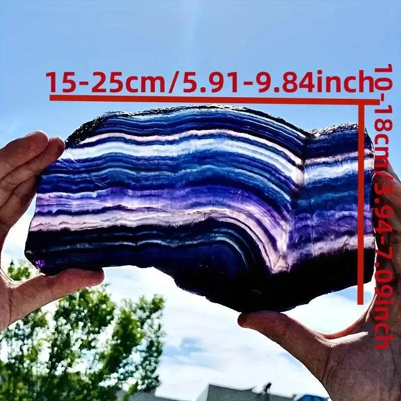 Large Fluorite Crystal Slice by Crystal Destiny, showing vibrant purple, blue, and green bands for clarity and focus.