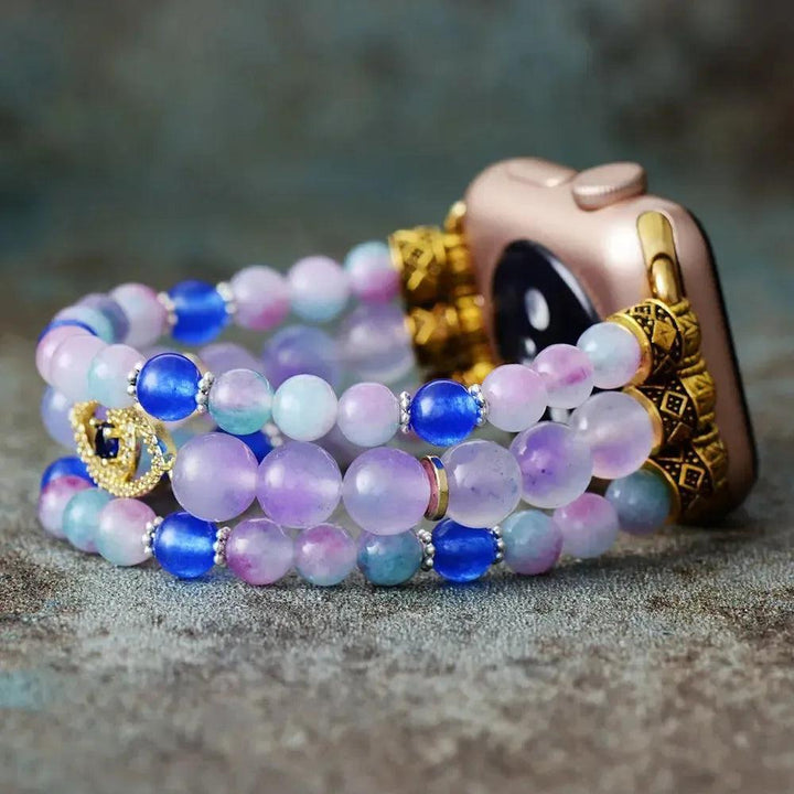 Fluorite Evil Eye Apple iWatch Band with vibrant purple, green, blue Fluorite beads and protective zircon evil eye.
