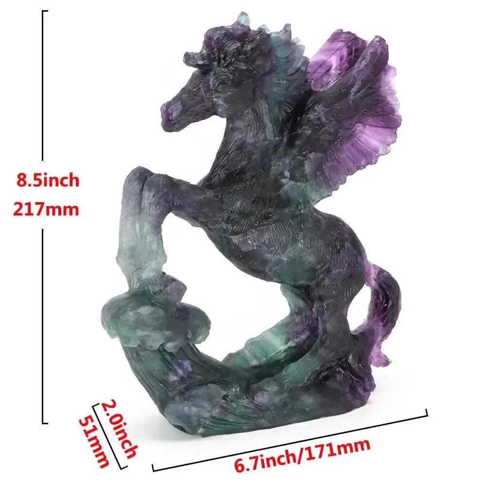 Crystal Destiny's 8.5" fluorite flying horse carving, showcasing purple and green hues for clarity and focus.