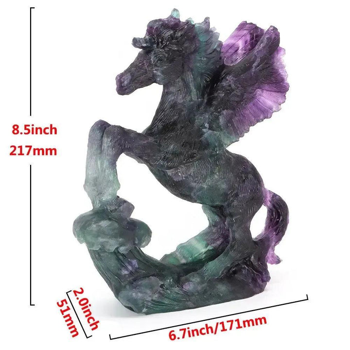 Crystal Destiny's 8.5" fluorite flying horse carving, showcasing purple and green hues for clarity and focus.