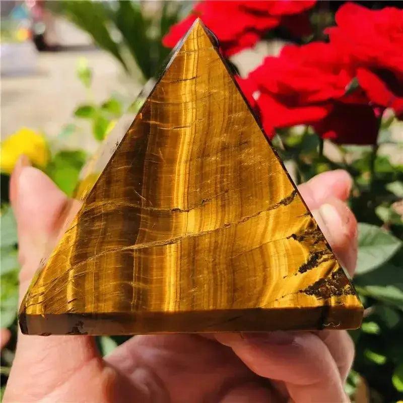 Tiger's Eye Manifestation Crystal Bundle pyramid, featuring rich golden-brown bands for focused willpower and clarity.