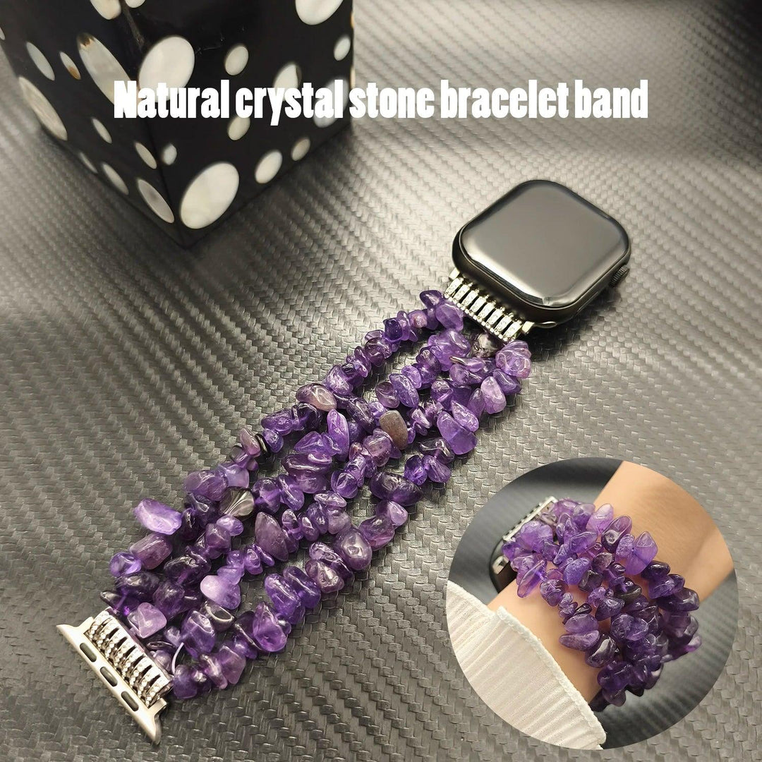 Four-row Amethyst crystal Apple Watch band featuring natural purple stone beads for a calming, layered statement look.