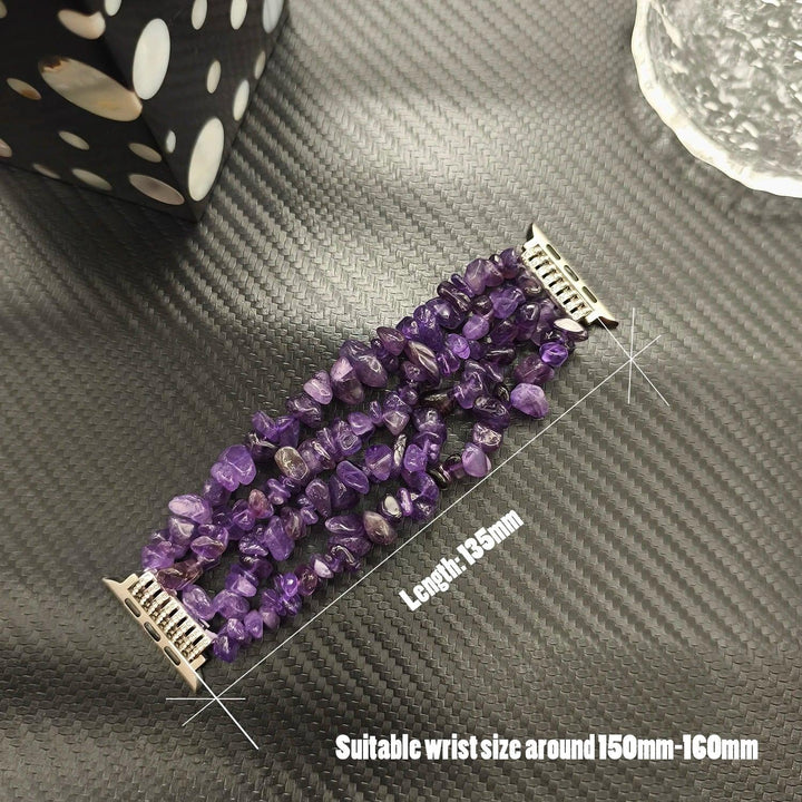 Four-row Amethyst crystal Apple Watch band featuring calming violet natural stone beads for a bold, layered look.