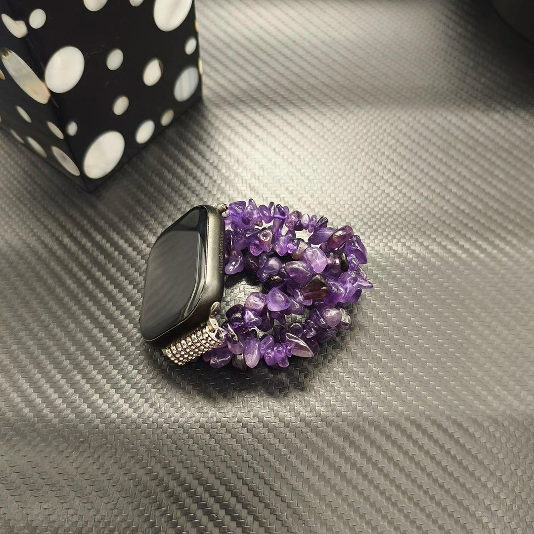 Four-row Amethyst crystal bead Apple Watch band featuring calming purple natural stones for a bold, layered look.