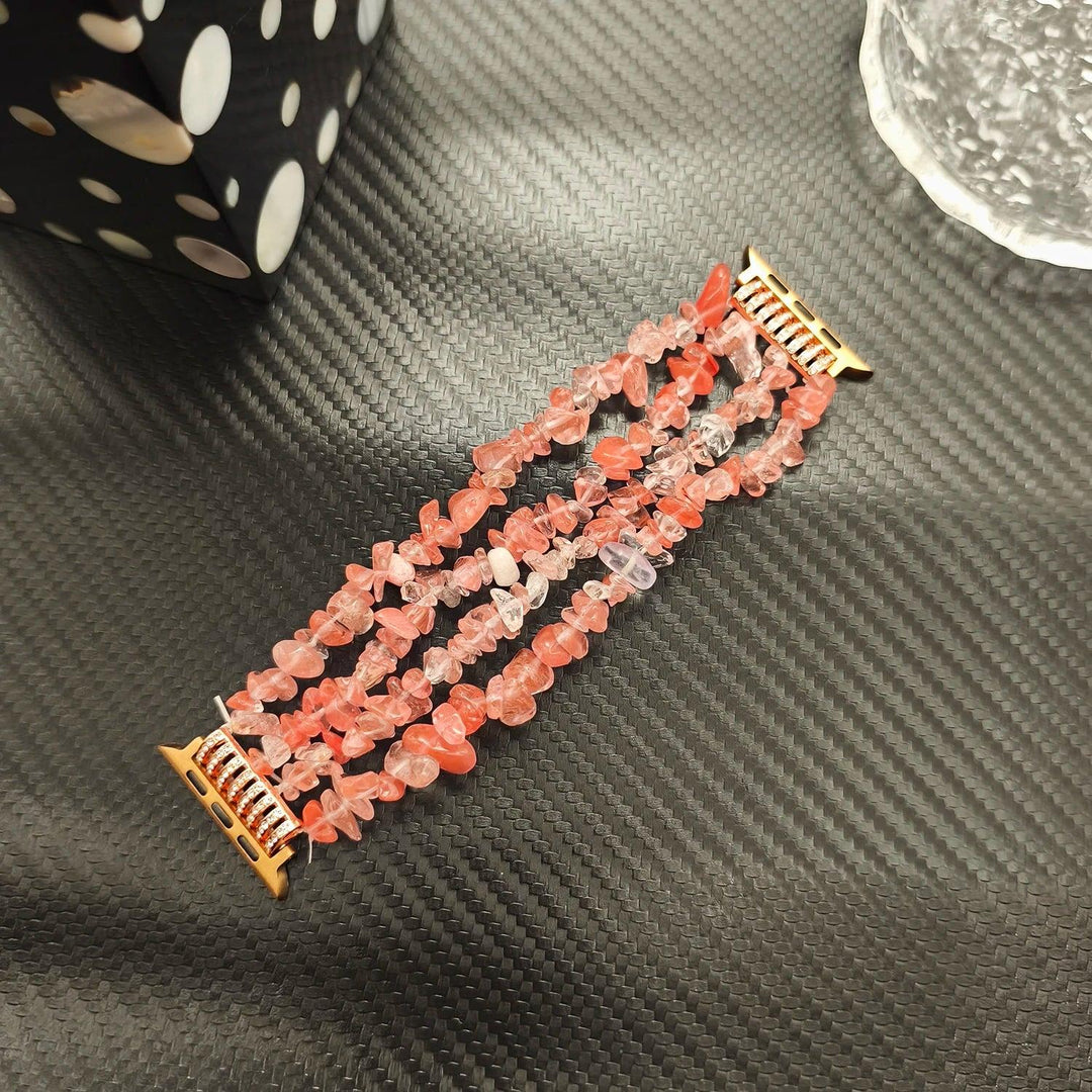 Four-row Red Agate crystal bead Apple Watch band featuring natural stone chips for a grounding, layered statement look.