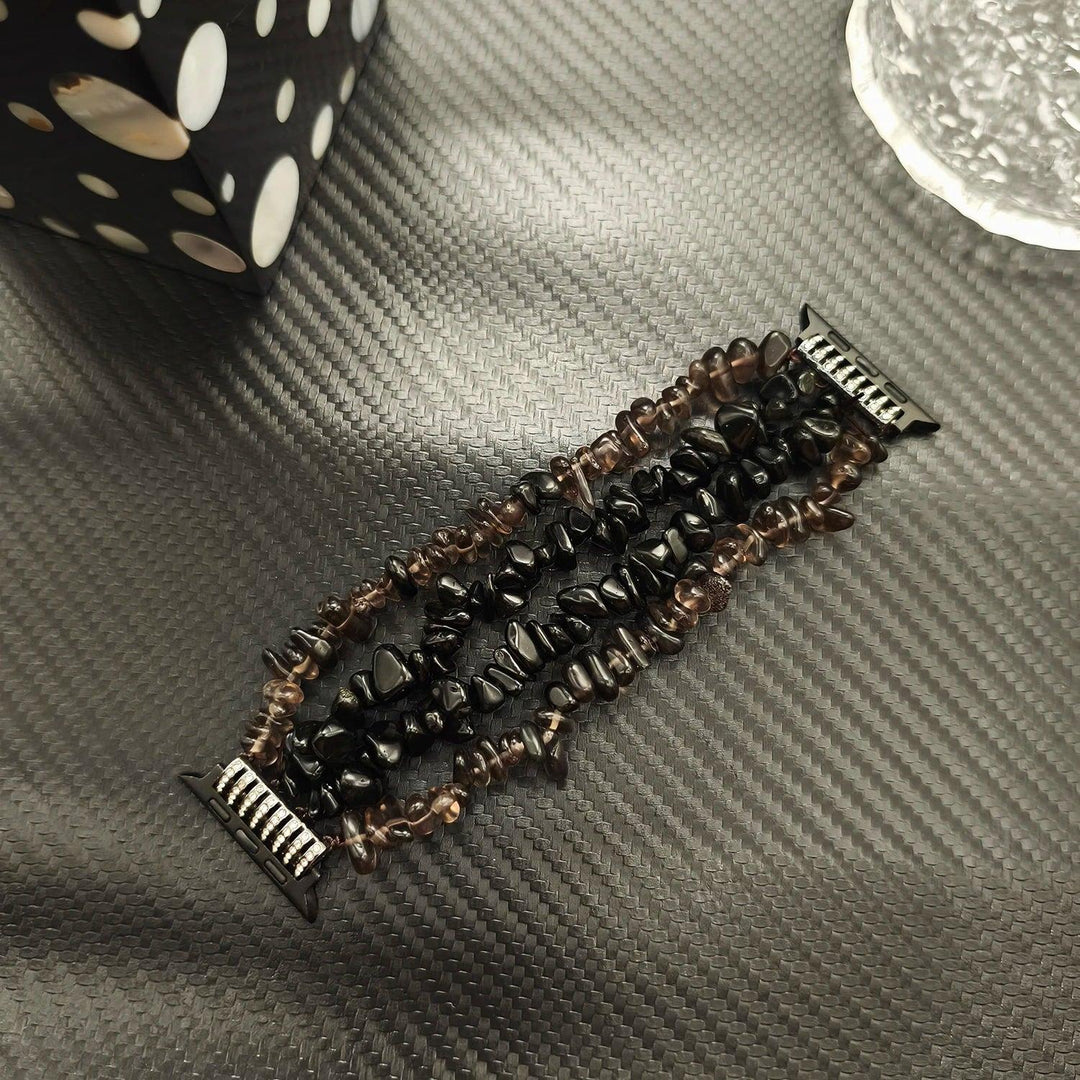 Four-row Smoky Quartz and Black Agate crystal bead Apple Watch band for a grounding, layered statement look.