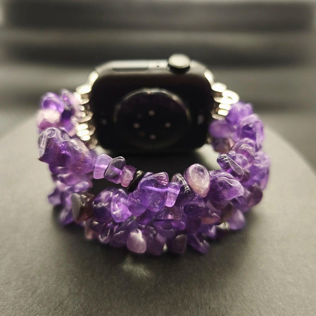 Four-row Amethyst crystal Apple Watch band featuring calming purple natural stone beads for a stylish, healing look.