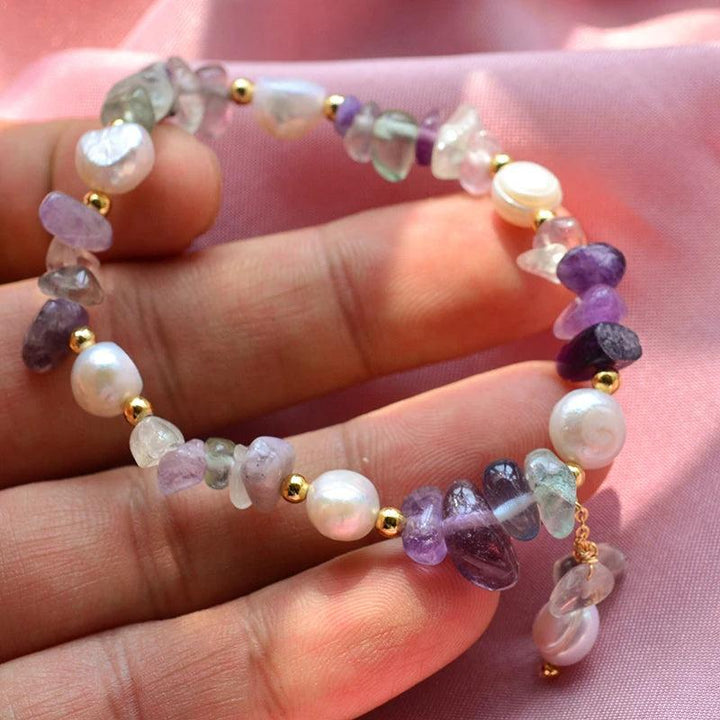 Natural Freshwater Pearl & Purple Crystal 14K Gold Filled Female Charm Bracelet, featuring baroque pearls and amethyst chips.