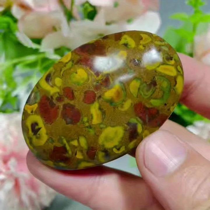 Polished Fruit Jasper Crystal Palm Stone with grounding green, yellow, and red swirls held in hand.