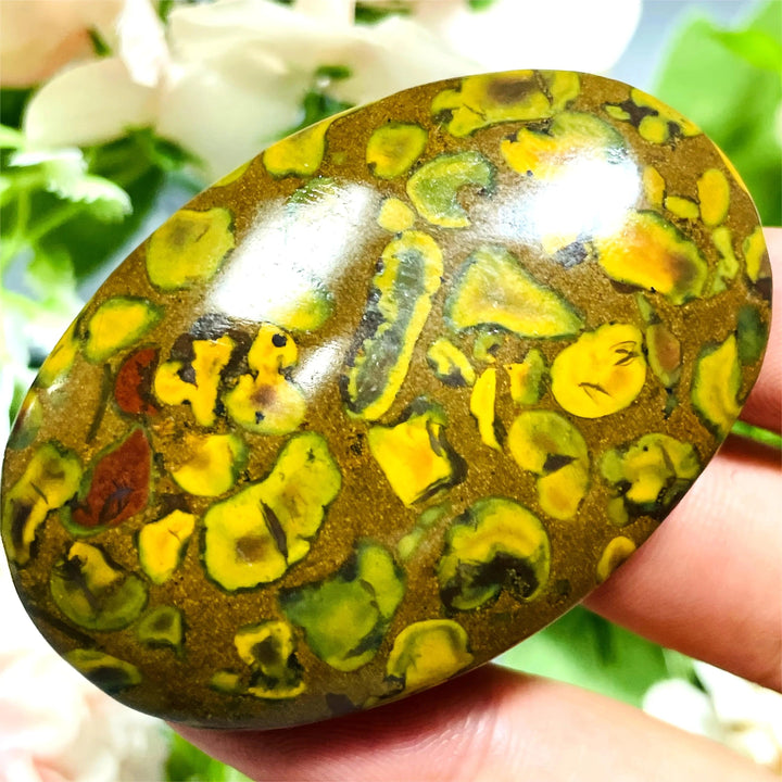 Polished Fruit Jasper Crystal Palm Stone with vibrant green and yellow patterns for grounding and healing.