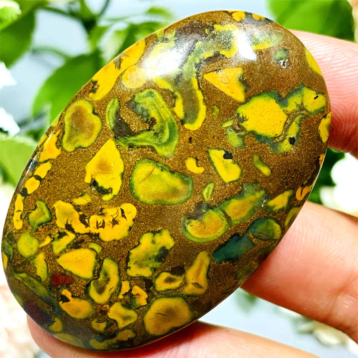 Polished Fruit Jasper Crystal Palm Stone with grounding green and yellow patterns, held in hand.