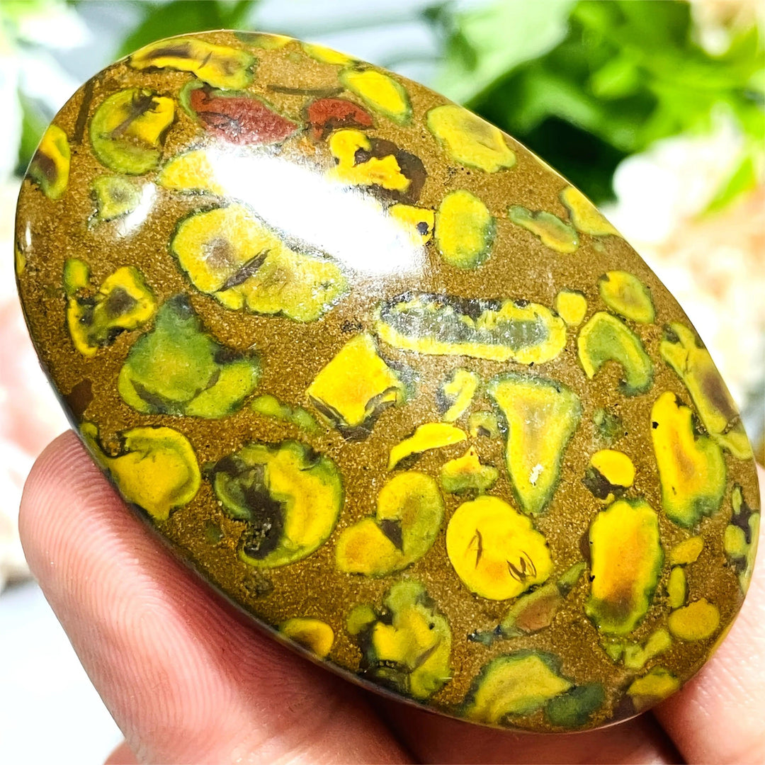 Polished Fruit Jasper Crystal Palm Stone with vibrant green and yellow patterns for grounding and healing.