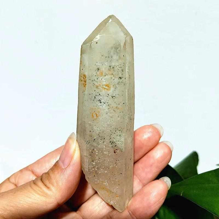 Polished Garden and Strawberry Quartz tower featuring mossy green inclusions and red flecks for heart chakra healing.