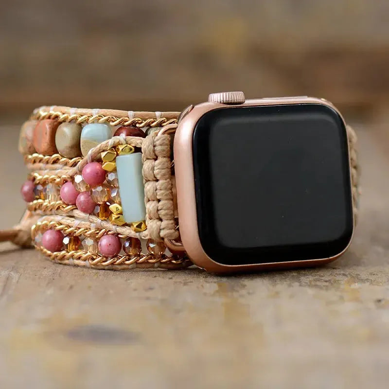 Gemstone Apple iWatch Band 3x Wrap Vegan Rope Boho-Bands-Ali-Jasper & Rodonite-Medium-42-49MM Watch Plate-Crystal Destiny
