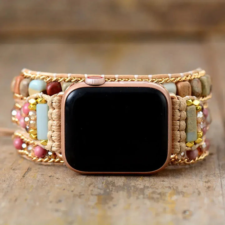 Gemstone Apple iWatch Band 3x Wrap Vegan Rope Boho-Bands-Ali-Jasper & Rodonite-Medium-42-49MM Watch Plate-Crystal Destiny