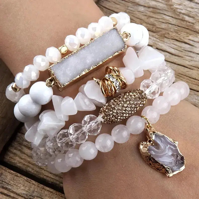 Gemstone Crystal 5pc Stack Bracelet Set-Bracelets-Ali-Pink-180mm-Crystal Destiny