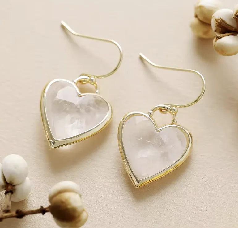 Rose Quartz heart-shaped Gemstone Crystal Earrings in gold-tone drop style for love energy and elegant healing.
