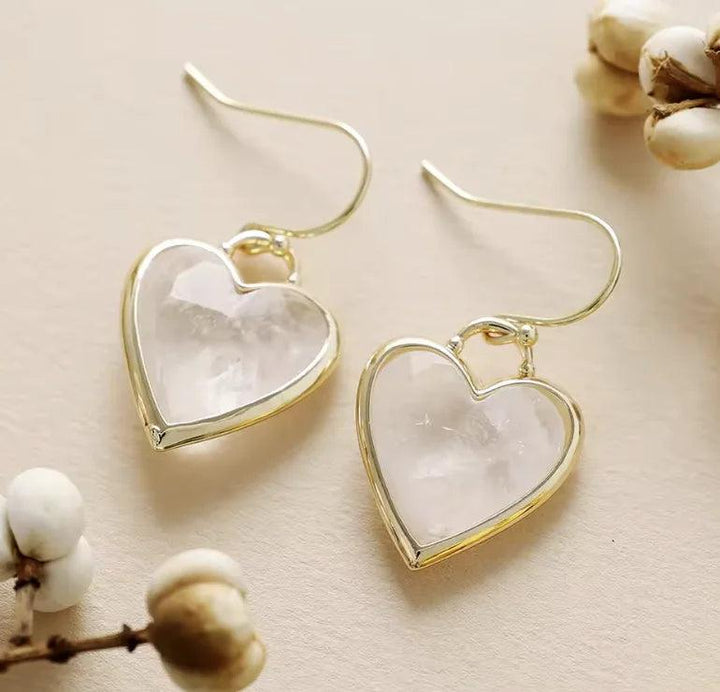 Rose Quartz heart-shaped Gemstone Crystal Earrings in gold-tone drop style for love energy and elegant healing.