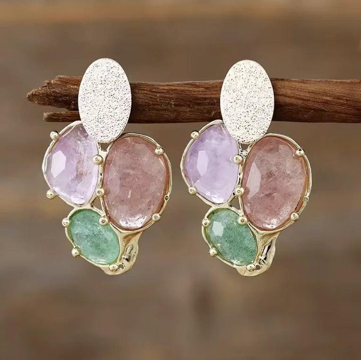 Gemstone Crystal Earrings featuring faceted Amethyst, Rose Quartz, and Amazonite stones in a textured gold-tone setting.