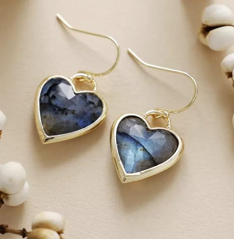 Labradorite heart-shaped drop earrings in gold settings, perfect for enhancing intuition and daily healing energy.