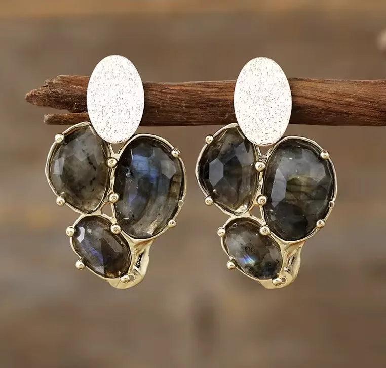 Labradorite Gemstone Crystal Earrings featuring shimmering intuitive stones in a unique, gold-toned drop design.