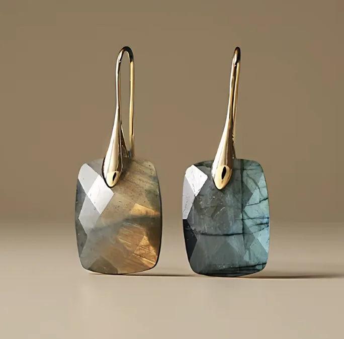 Labradorite Gemstone Crystal Earrings featuring shimmering rectangular drops on elegant gold leverbacks for intuition.