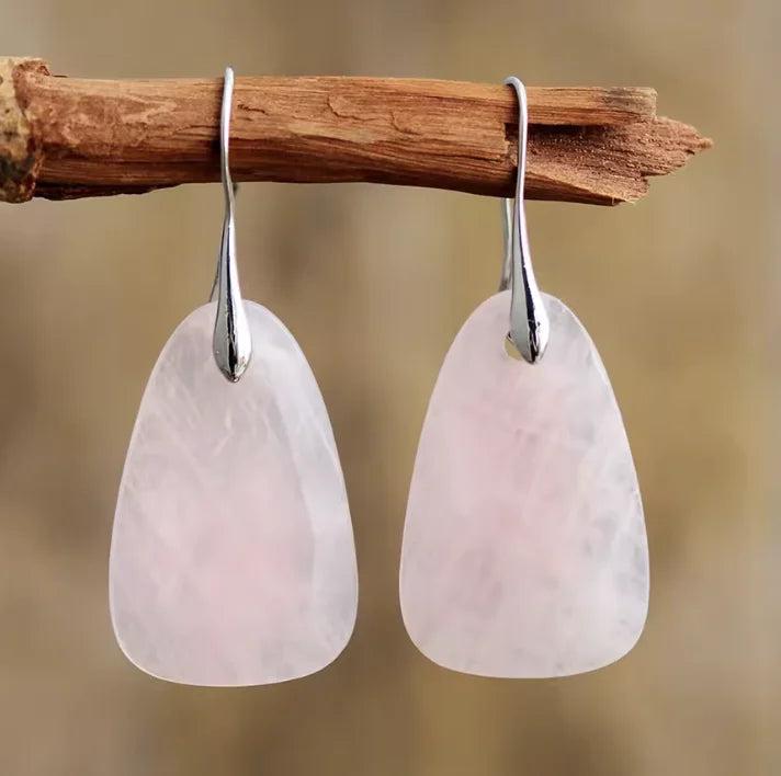 Rose Quartz drop earrings from our Gemstone Crystal collection, featuring soft pink healing stones on silver hooks.