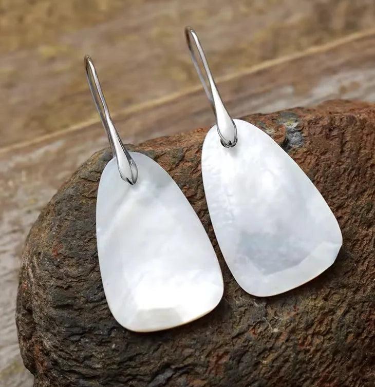 Moonstone Gemstone Crystal Earrings in a drop style, featuring iridescent white stones for intuition and calm energy.
