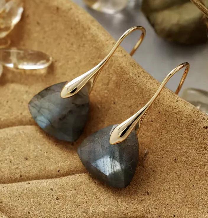 Labradorite Gemstone Crystal Earrings in a gold drop style, featuring shimmering intuition stones for daily energy.