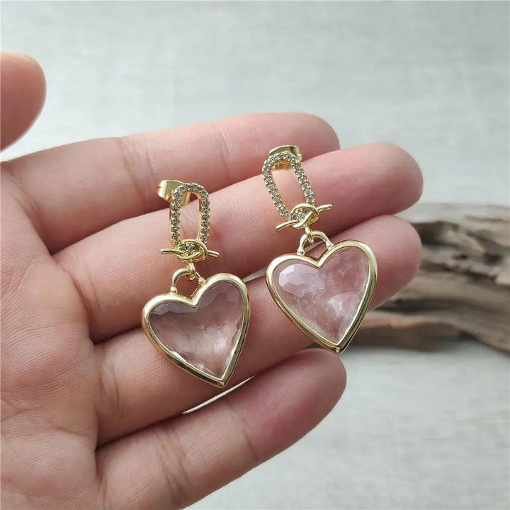 Rose Quartz heart stud earrings in gold-plated copper, perfect for Heart Chakra healing and everyday love-inspired style.