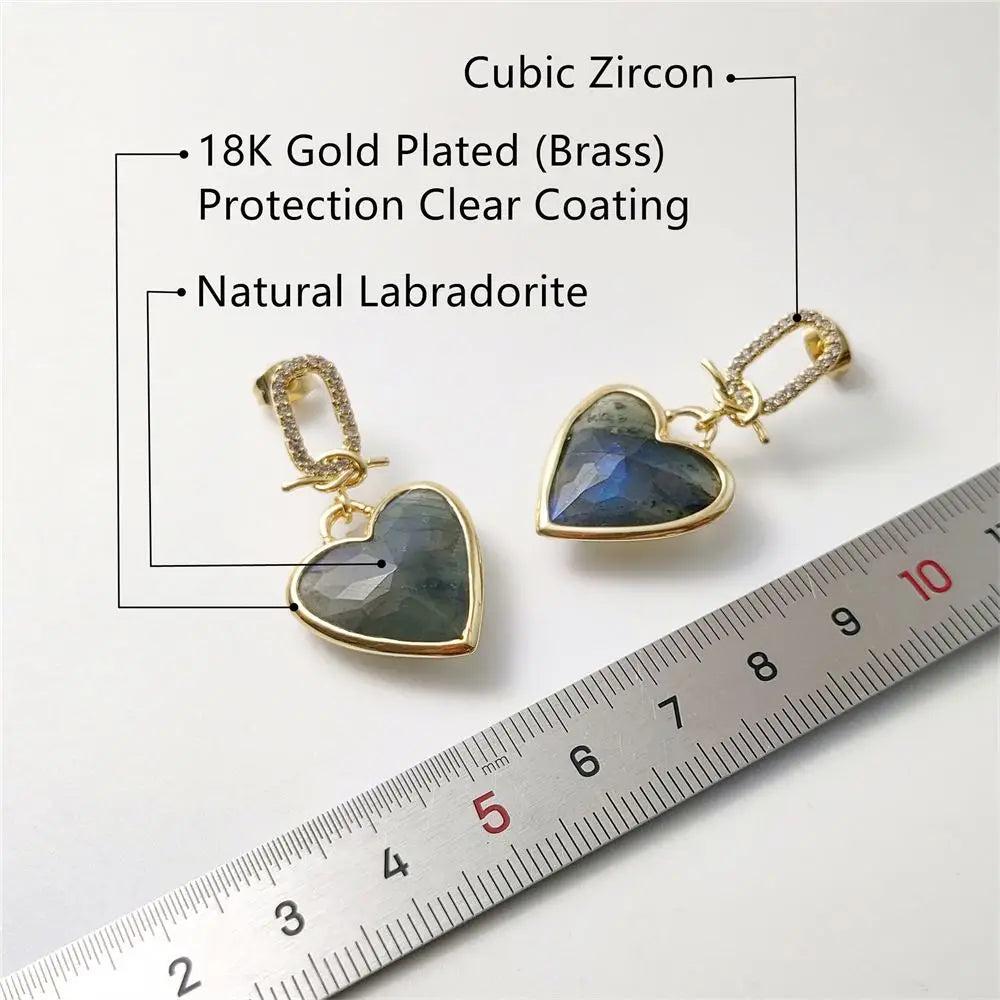 Labradorite heart stud earrings in 18k gold-plated brass with sparkling cubic zircon accents for heart chakra energy.