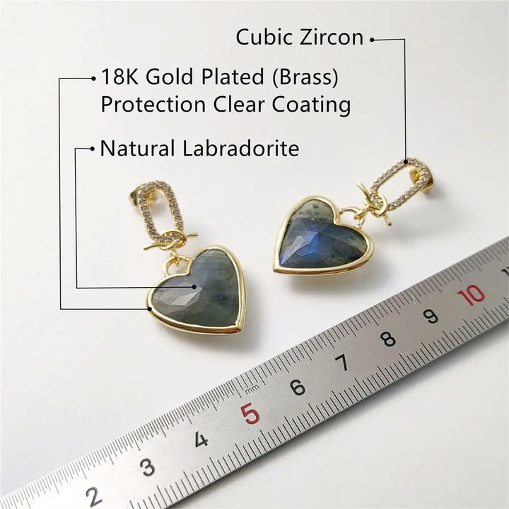 Gemstone Crystal Heart Stud Earrings Gold Plated Copper