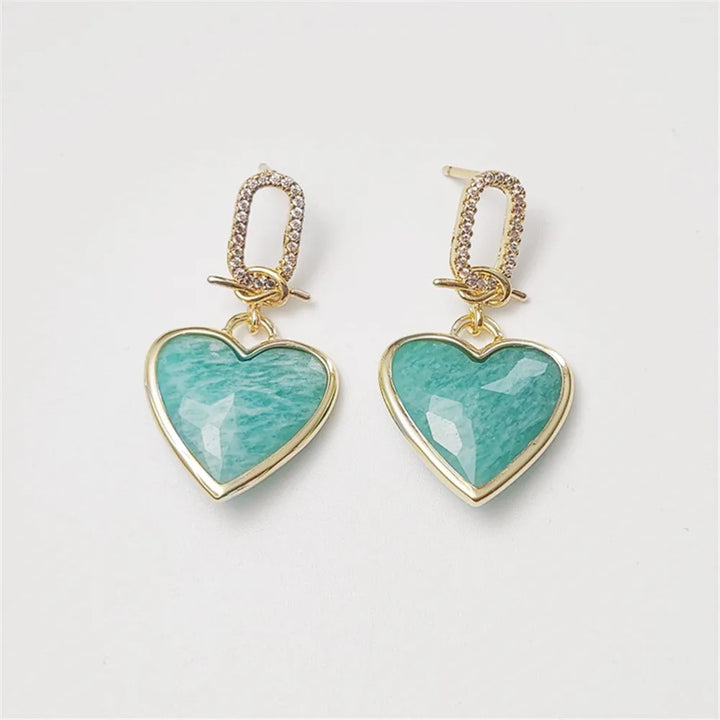 Gemstone Crystal Heart Stud Earrings Gold Plated Copper