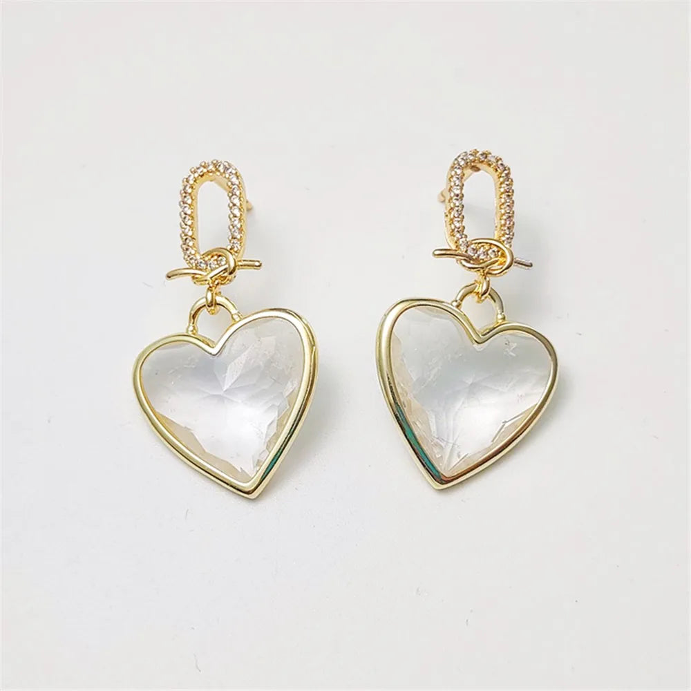 Gemstone Crystal Heart Stud Earrings Gold Plated Copper