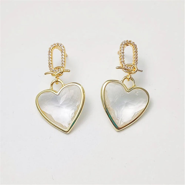 Gemstone Crystal Heart Stud Earrings Gold Plated Copper