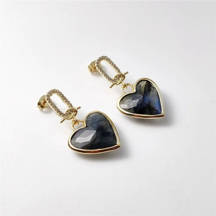 Labradorite heart stud earrings in gold-plated copper, featuring a shimmering gemstone design for heart energy.
