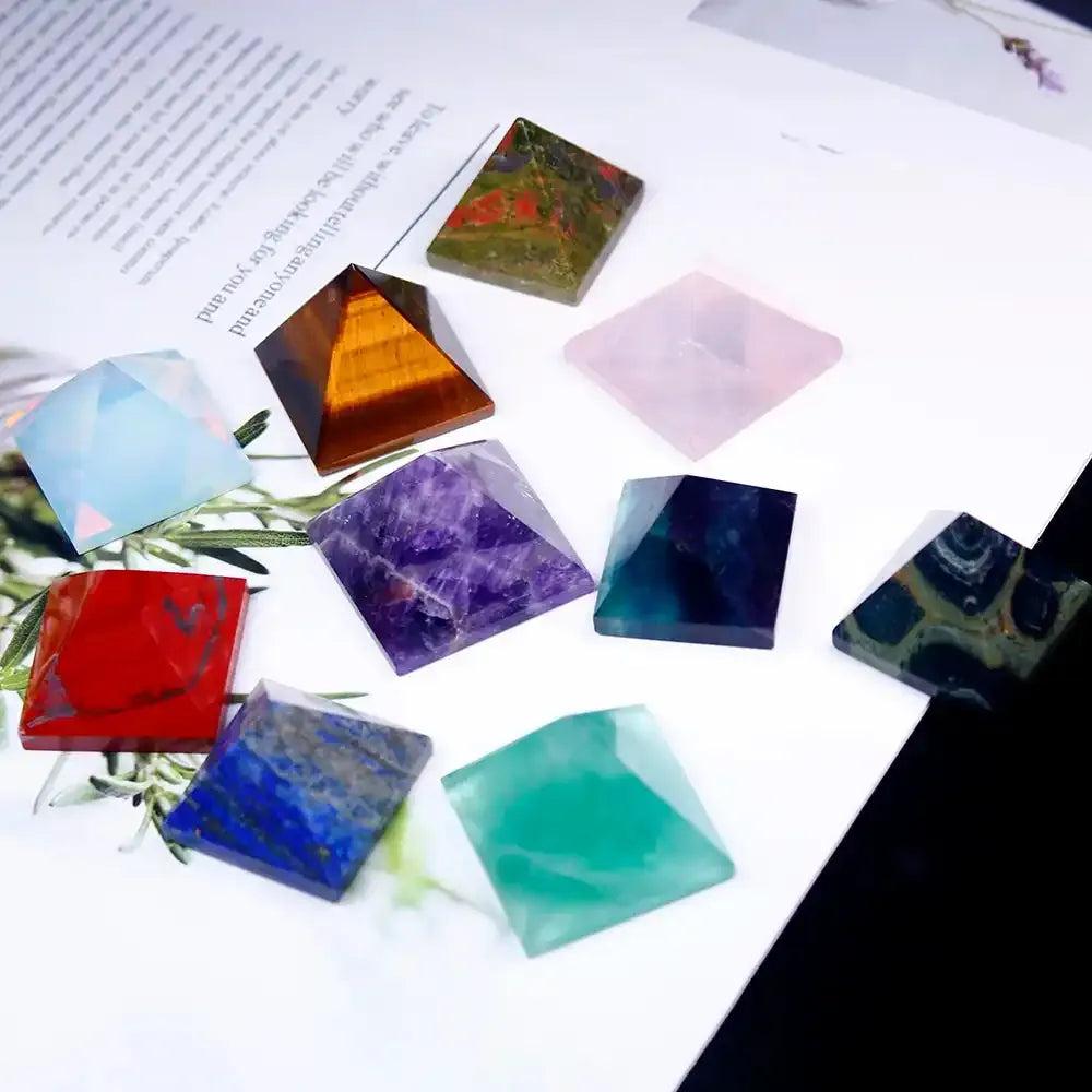 Polished Gemstone Mini Pyramids in assorted natural crystals for chakra healing, energy focus, and home decor.