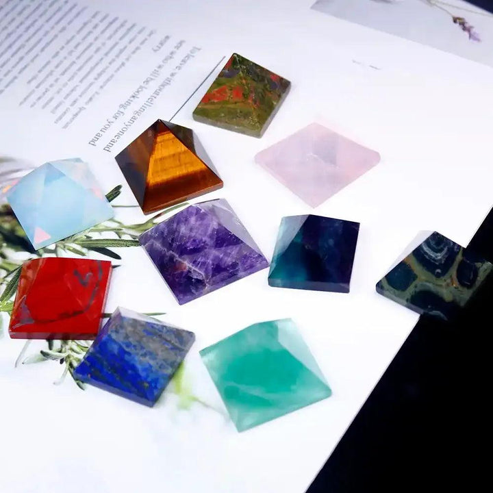 Polished Gemstone Mini Pyramids in assorted natural crystals for chakra healing, energy focus, and home decor.