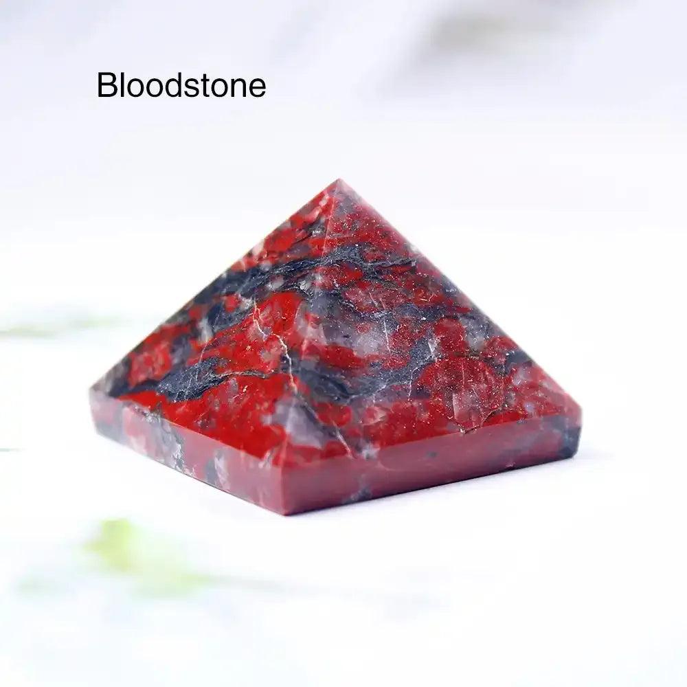 Polished Bloodstone mini pyramid crystal, 30mm sacred geometry stone for grounding and intention setting.