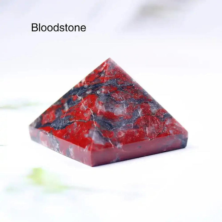 Polished Bloodstone mini pyramid crystal, 30mm sacred geometry stone for grounding and intention setting.