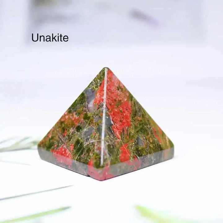 Polished Unakite gemstone mini pyramid, 30mm sacred geometry crystal for healing and focused intention.