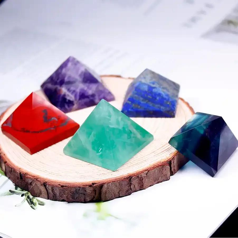 Polished Gemstone Mini Pyramids in vibrant crystals like amethyst and red jasper for chakra healing and sacred geometry.