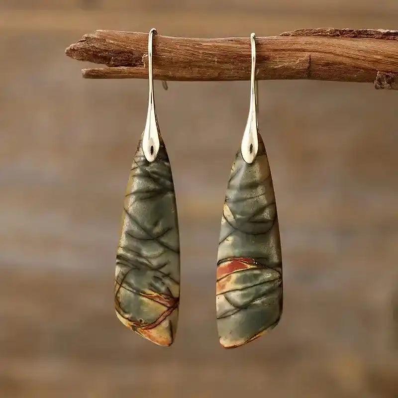 Geometric Picture Jasper earrings by Crystal Destiny, featuring earthy grey, green, and red stones on silver hooks.